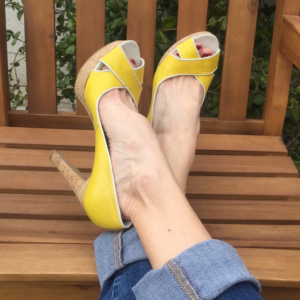 Nine West Yellow Peep Toe Cork Heels